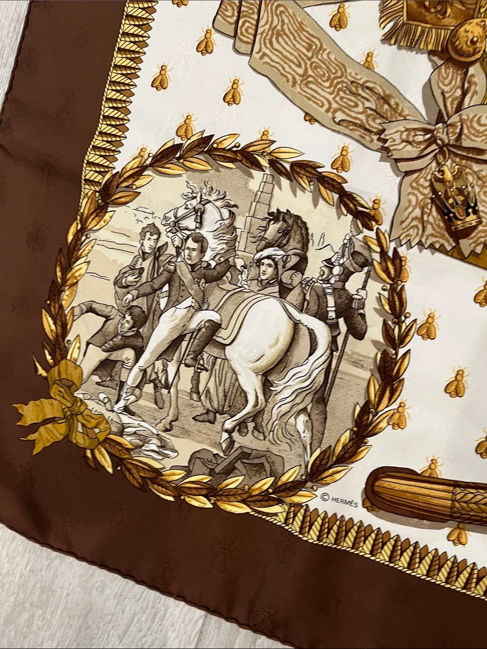 Hermes Brown and Gold Napoléon Silk Scarf